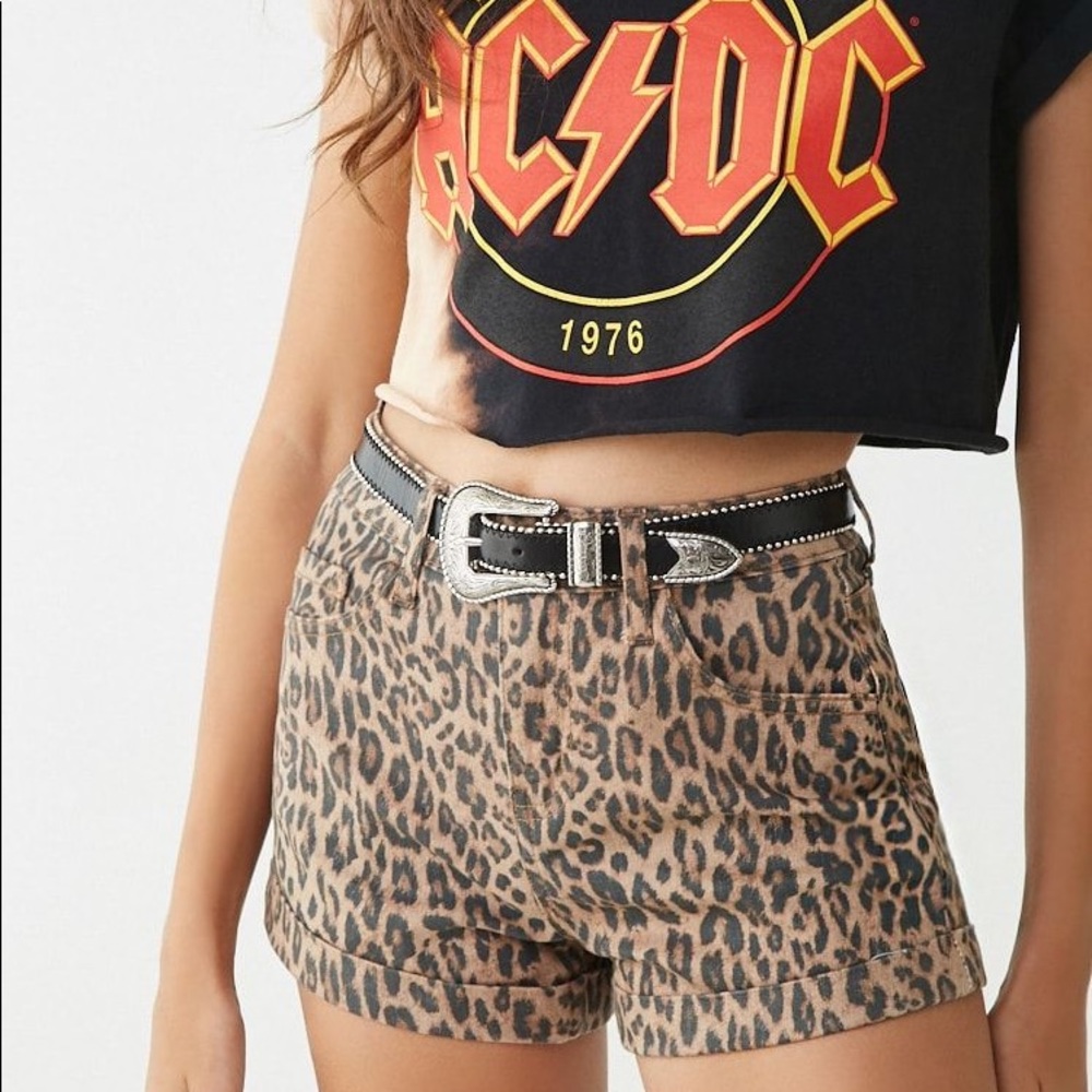 Leopard Print Cuffed Denim Shorts
